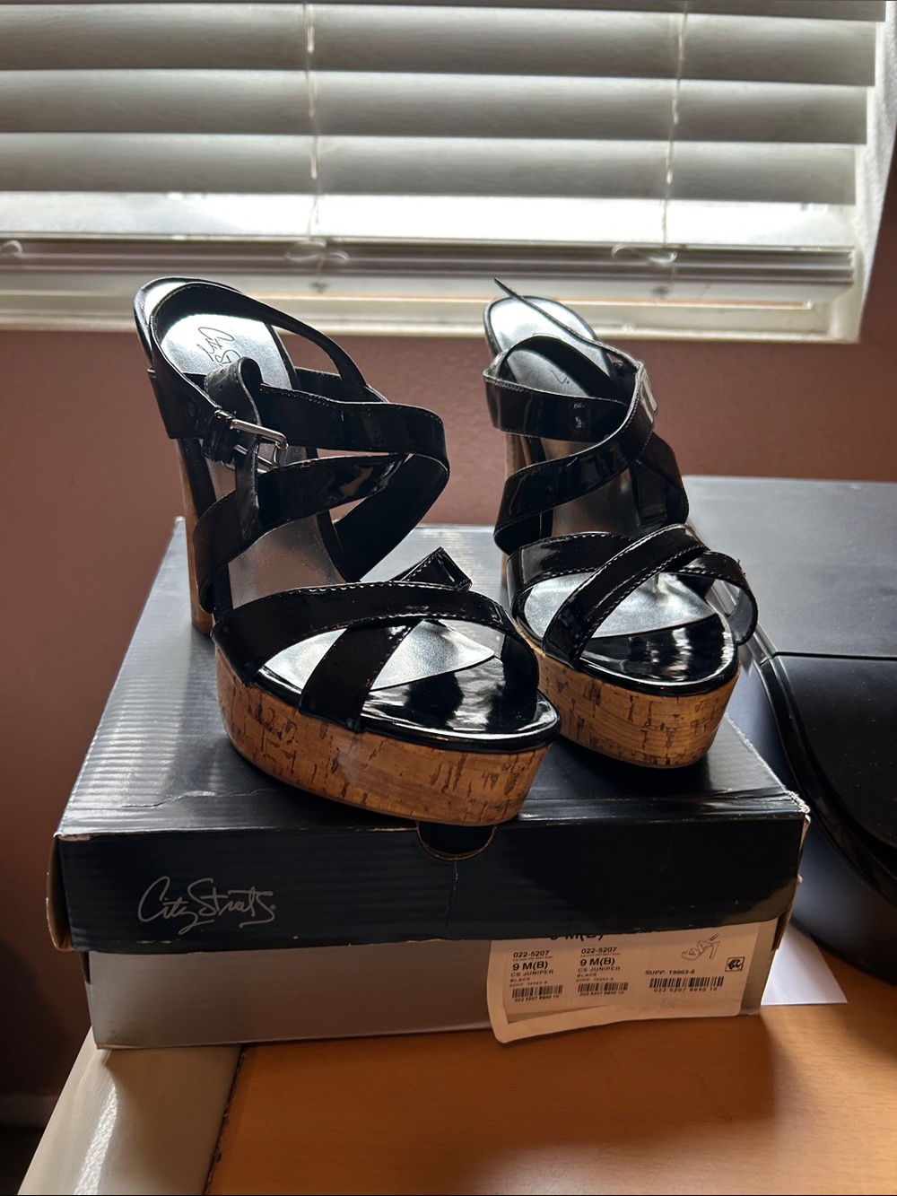 City Streets Black Patent Cork Platform Heels